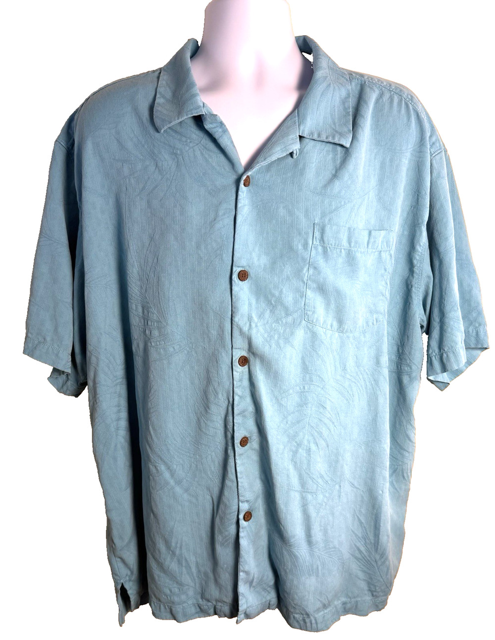 Timmy Bahama Teal 100% Silk Camp Shirt XXL tonal palm leaf jacquard Vacation